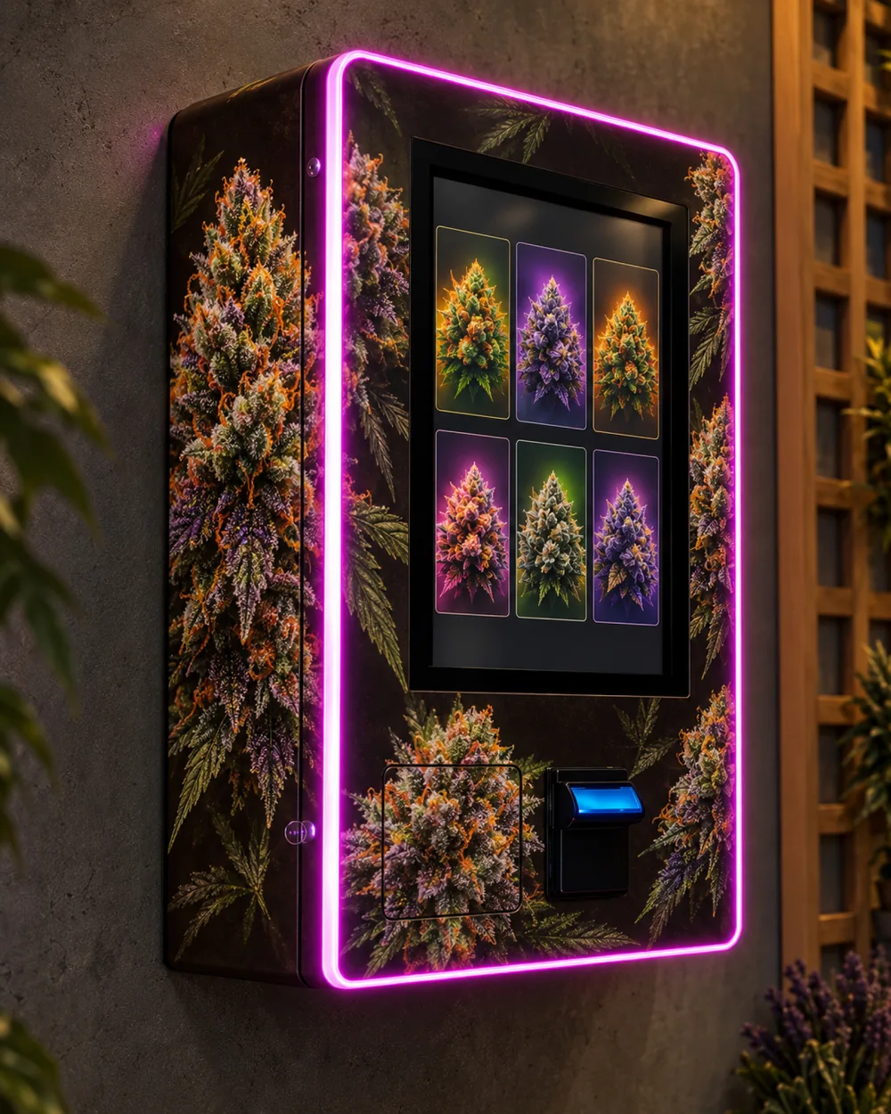 Street-Box habillée pour un shop CBD, feuilles de chanvre vert sauge et or