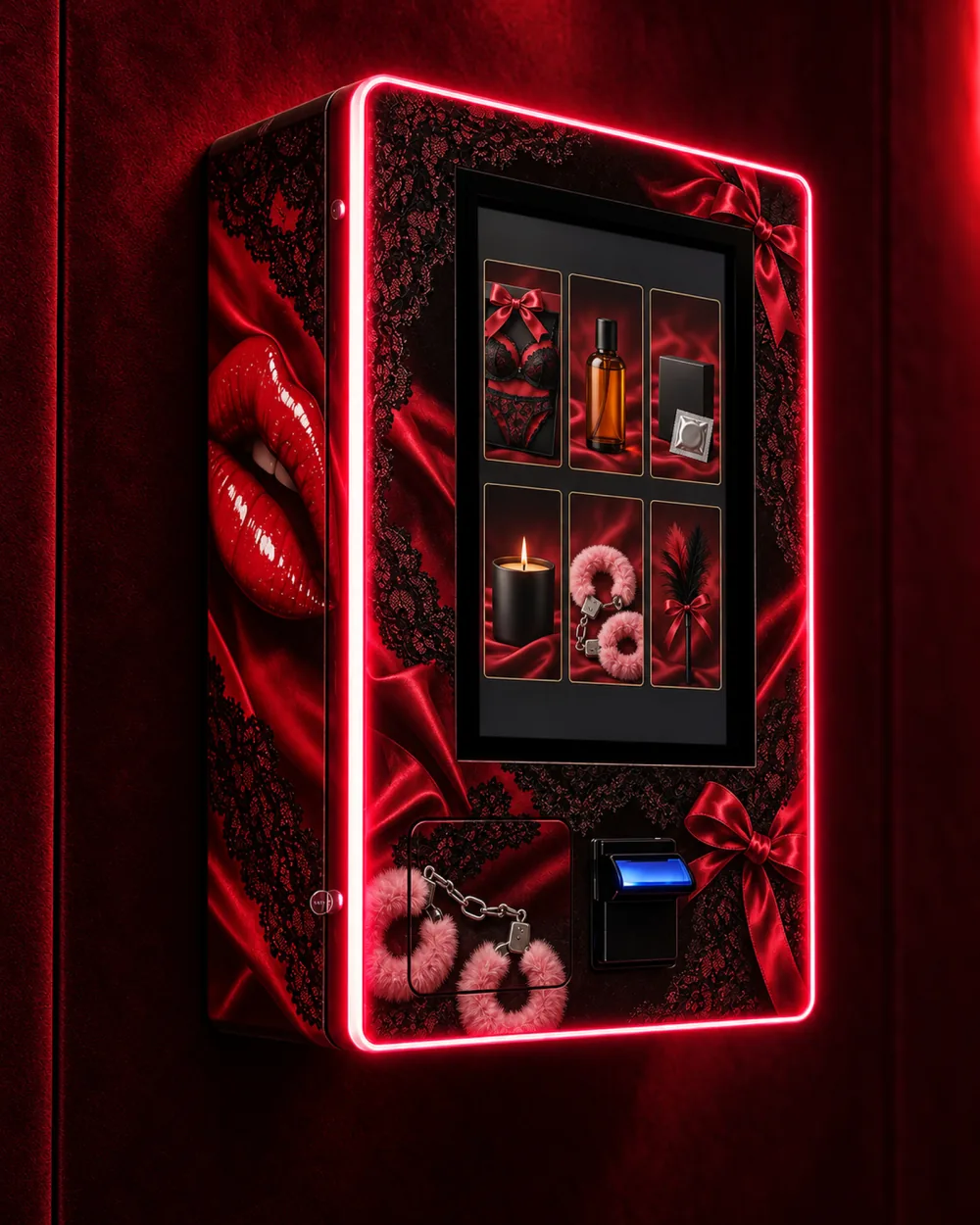 Street-Box habillée pour une love room, pivoines roses sur fond noir