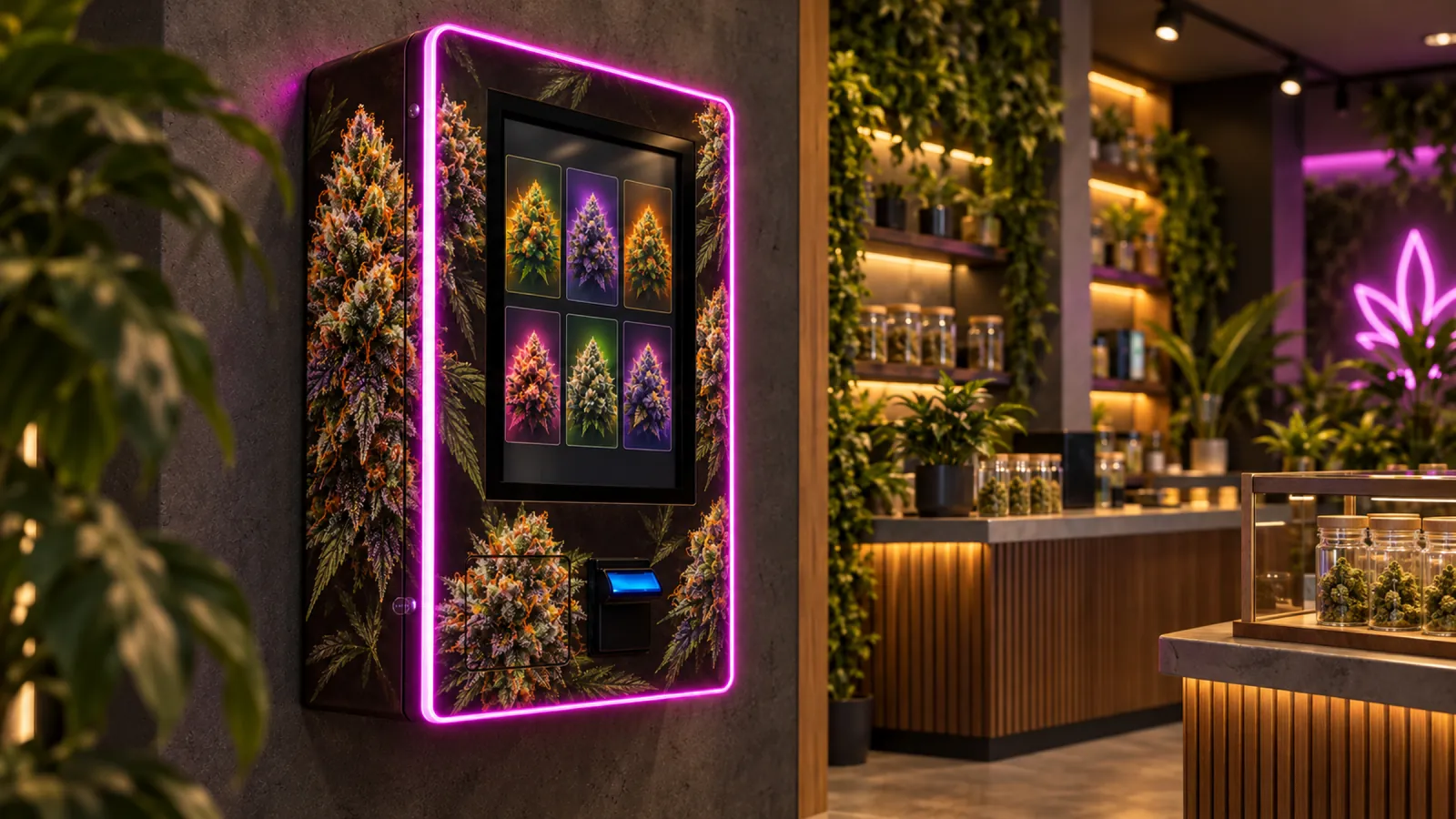 Street-Box CBD fixée au mur d'un shop, bocaux de fleurs en arrière-plan